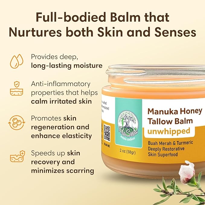 Manuka Honey Unwhipped Tallow Balm – Handmade Grass-Fed Beef Tallow with Frankincense, Vitamin E,