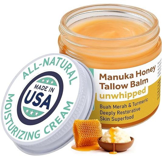 Manuka Honey Unwhipped Tallow Balm – Handmade Grass-Fed Beef Tallow with Frankincense, Vitamin E,
